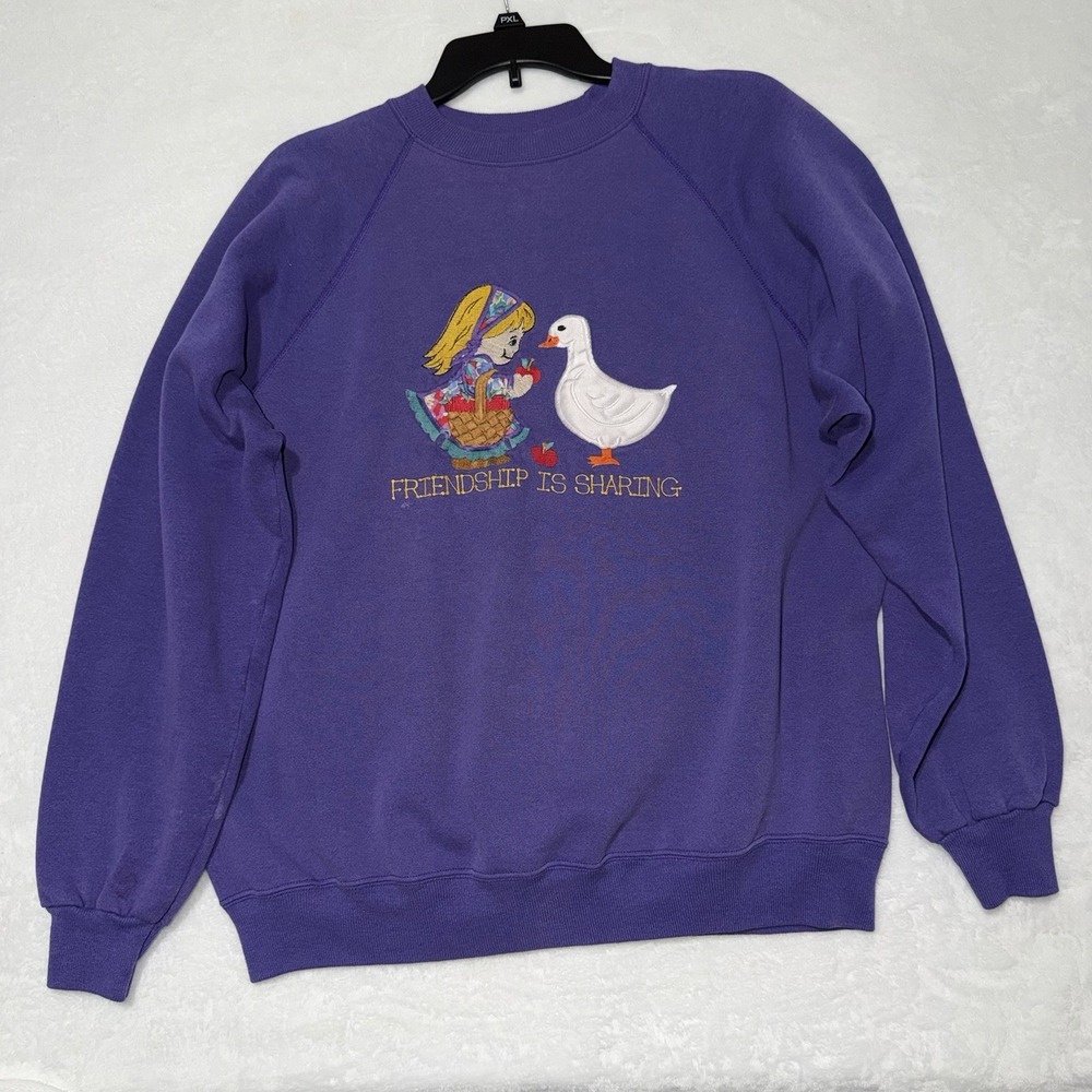 Vintage Hanes Girl Duck Crewneck Sweatshirt Size XL Purple Friendship is Caring